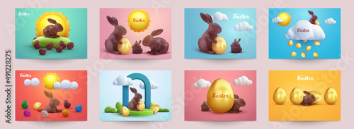 Happy easter set background for greeting card, banner, poster, cover, flyer. Collection festive design template in cute cartoon 3d style. Vector illustration.