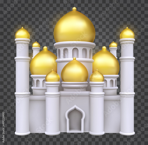 Mosque building isolated on transparent background. Realistic 3d element. Vector illustration.