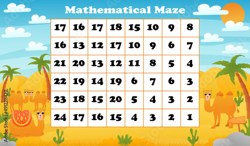 Math maze game for children with cute animal camel in desert printable worksheet for kids in cartoon style