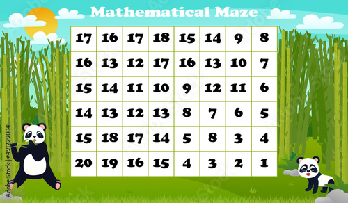 Math maze game for children with cute animal panda eating bamboo in forest printable worksheet for kids