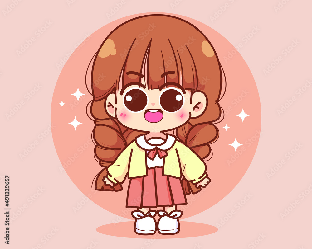 Cute girl standing and smiling character cartoon logo hand drawn art illustration