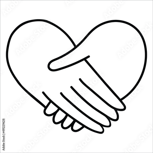 Handshake, heart-shaped hands, reconciliation, doodle-style drawing, joined palms, peace symbol, contour icon of people's friendship