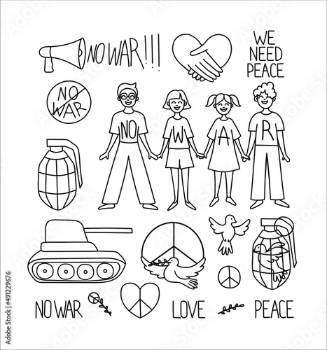 set of doodle drawings, no war, people want peace. Friendly people holding hands , peace symbol, dove, tank, weapon, protest contour hand drawn men, women, children, friends, peaceful association,