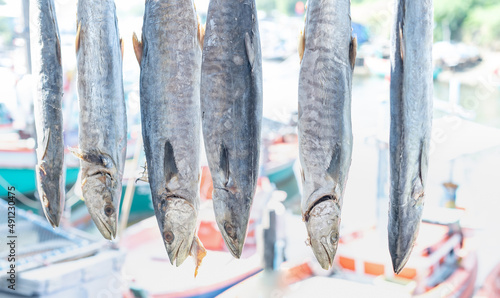 Dried salted fish hanging and preparing to sell at the seafood market. The salted dried fish is for ingredient for cooking