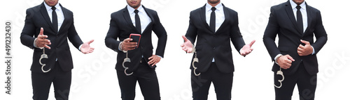 Fotografie Collection of young businessman handcuffed due to corruption on white background