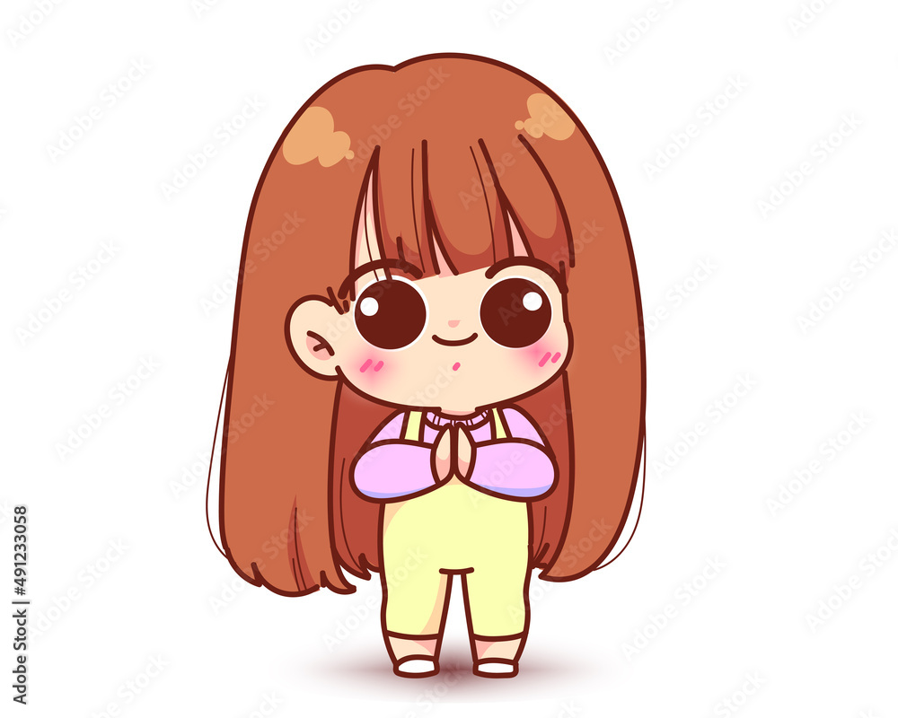 Cute girl praying greeting or thankful character cartoon logo hand drawn art illustration Cute girl praying greeting or thankful character cartoon logo hand drawn art illustration