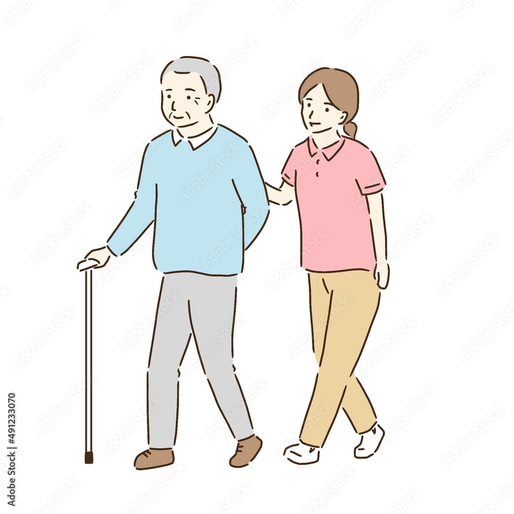 高齢男性の歩行介助をする女性ヘルパー 高齢男性の歩行介助をする女性ヘルパー