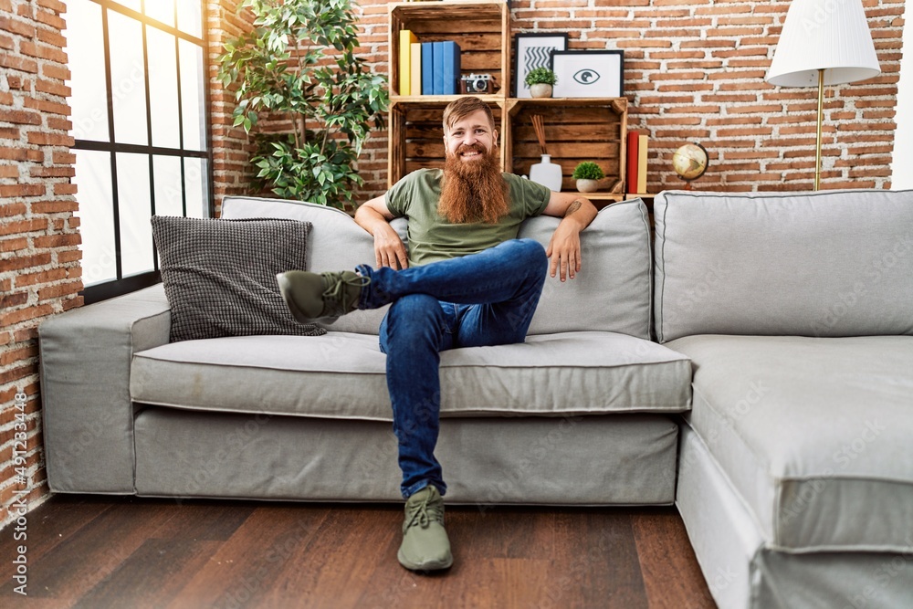 Obraz premium Young redhead man smiling confident sitting on sofa at home