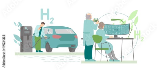 Automobile with hydrogen motor. H2 fuel production laboratory. Vector illustration