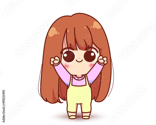 Smiling happy cut girl standing character cartoon logo hand drawn art illustration