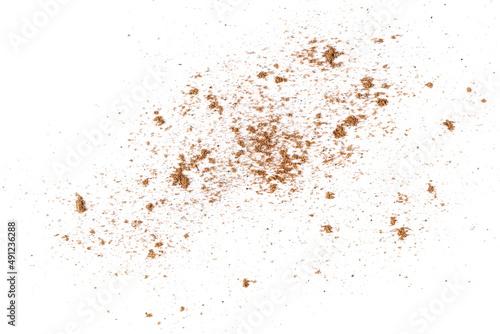 Ground, milled nutmeg powder isolated on white, top view