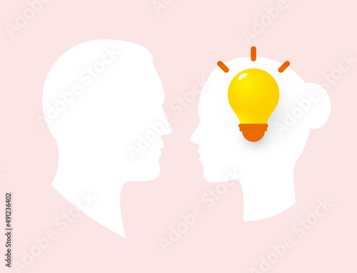 Man's head idea, male logic, inter-sex communication and understanding symbol. Male and female head silhouettes. Light bulb in head, vector logo and illustration