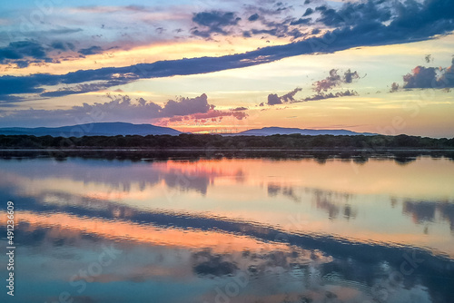 Beautiful sunset taken in Port Leucate South of France with sky reflection in a Mediterranean landscape