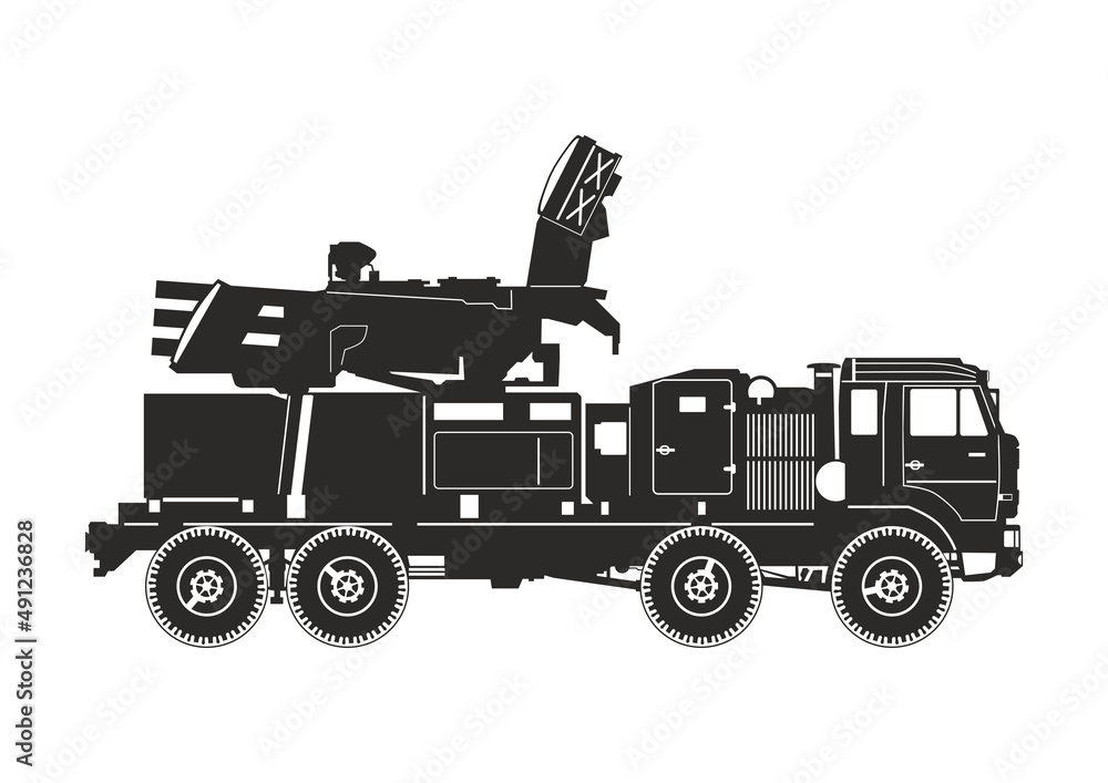 Naklejka premium Silhouette of modern self propelled medium range anti-aircraft artillery system. Side view. Flat vector.