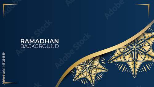 Mandala arabic blue Islamic design background. Universal ramadan kareem banner background with lantern, moon, islamic pattern, mosque and abstract luxury islamic elements