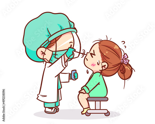 Cute doctor taking a nasal swab test for coronavirus character cartoon hand drawn art illustration