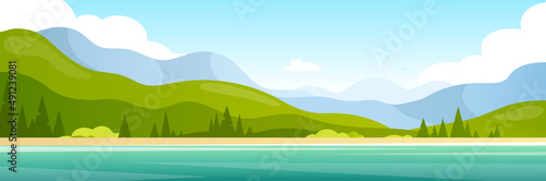 Landscape vacation panorama banner. Vector horizon illustration of rural spring summer travel landscape with river, forest, hills, mountains, road. Cartoon flat style. Nature reserve. Sunny day