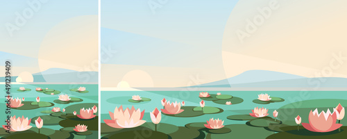 Landscape with lotus flowers on the river. Natural scenery in different formats.