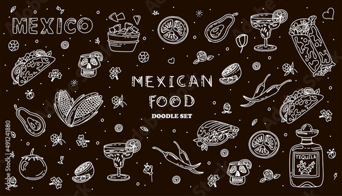 Mexican cuisine, vector doodle food set. National spicy food, fast food, snacks. Sketch illustration for restaurant, menu, cafe. Fiesta mexicana