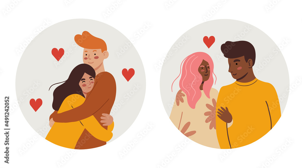 Two diverse couples, circle shape clip art. Hand drawn vector illustration 