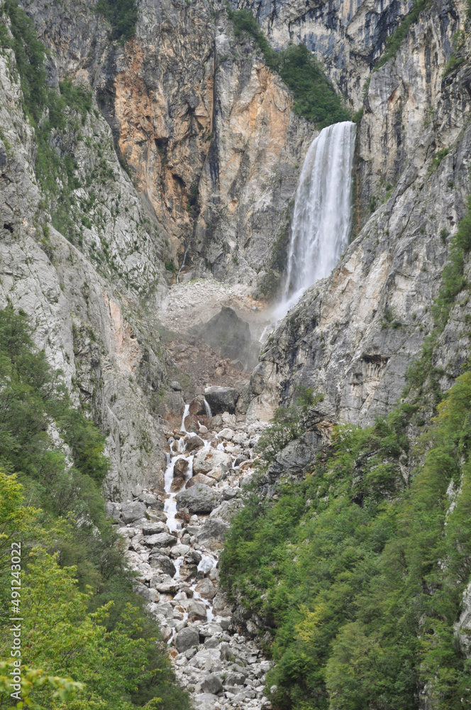 Boka Waterfall in Julian Alps. Bovec, Slovenia