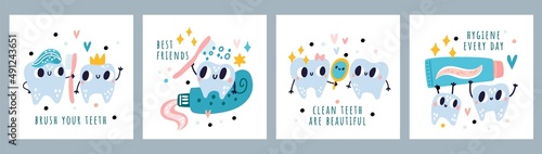 Children dentistry banners. Cute cartoon teeth characters. Oral hygiene. Stomatology and caring. Molars with funny faces. Toothpaste and toothbrush. Vector kids educational cards set