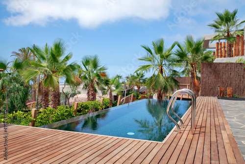 Luxurious swimming pool with clear blue water and surrounded by tropical palm trees and redwood decking, part of a residential property, Abama resort, Tenerife, Canary Islands, Spain © Ana