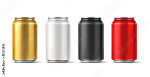 Color tin drink cans. Realistic metal isolated beverage containers. Aluminum jars with sparkling water and beer. Canned carbonated lemonade and tonic. Vector blank 3D packaging set