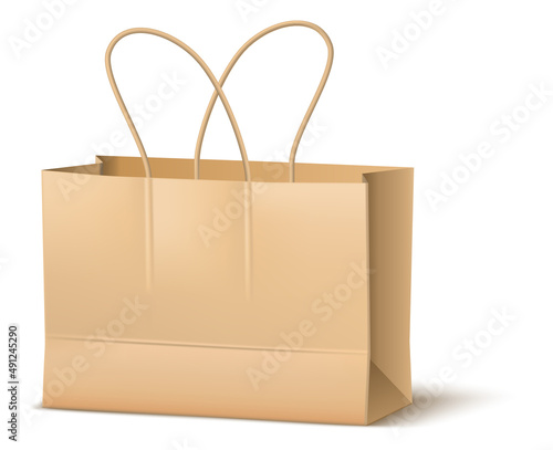 Paper bag mockup. Brown shopping craft package with handle ropes