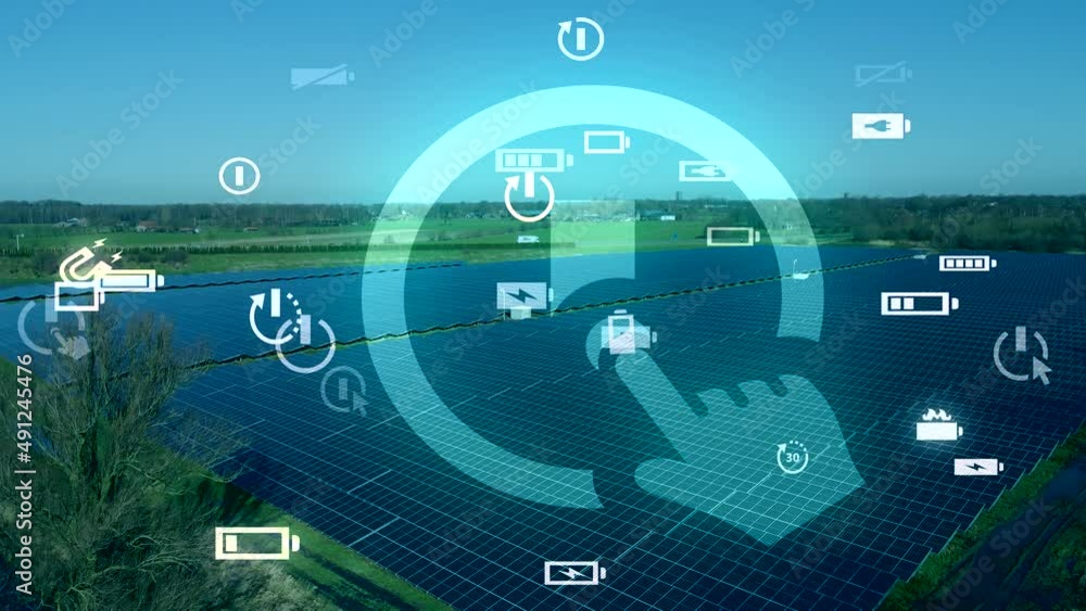 Static high angle view of solar panel field with futuristic graphics overlay Static high angle view of solar panel field with futuristic graphics overlay