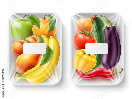 Product trays with fruits and vegetables. Realistic plastic food packaging wrapping by transparent film. 3D mockup with sticked labels. Square packages. Vector isolated full containers set
