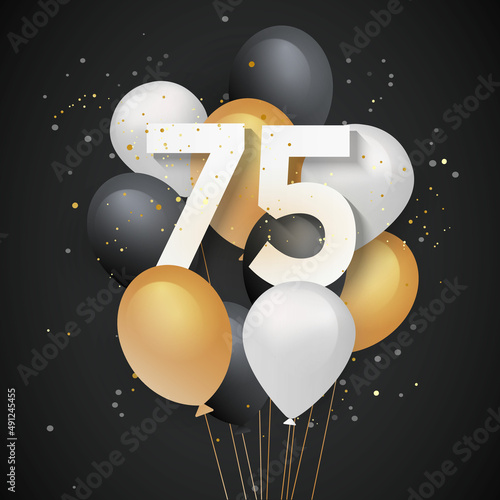 Happy 75th birthday balloons greeting card background. 75 years anniversary. 75th celebrating with confetti. 