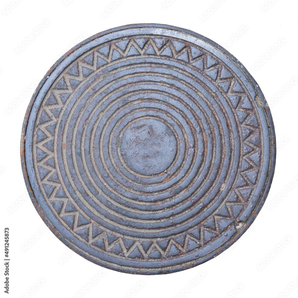 Old round metal manhole cover  with neck edging isolated on white 