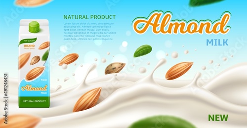 Realistic almond milk. Organic milkshake. Nuts beverage advertising banner. White splashes and liquid waves. Brand cardboard box with drink. Plant product. Vegan food. Vector ad poster