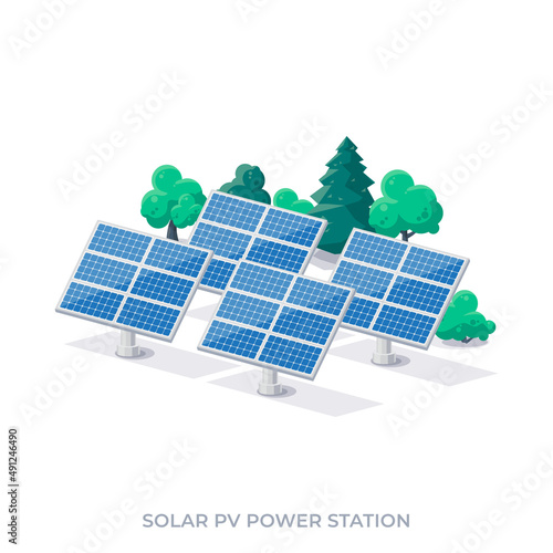 Solar PV panel power plant station. Renewable sustainable photovoltaic solar park energy generation. Isolated vector illustration on white background.