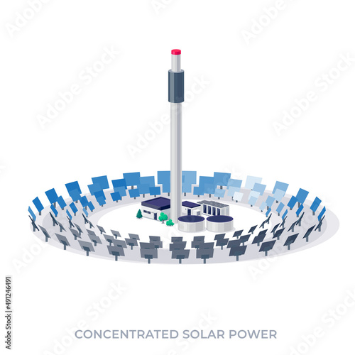 Concentrating solar thermal CST power plant station. Renewable concentrated CSP sustainable solar park energy generation. Isolated vector illustration on white background.