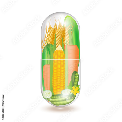 Vegetable inside capsule rich in vitamin. Natural products containing dietary fiber and minerals healthy. IV Drip vitamin. Realistic 3D vector.