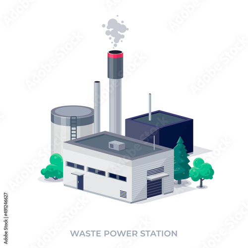 Waste-to-energy power plant station. Facility that combusts garbage to produce electricity. Modern trash-to-energy municipal waste incinerator factory generation. Isolated vector illustration on white