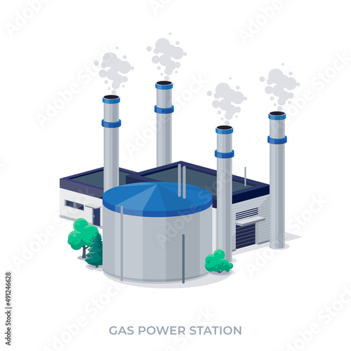 Natural gas power plant station. Gas-fired thermal that burns natural gas to generate electricity and produce emissions. Cogeneration fossil factory. Isolated vector illustration on white background.
