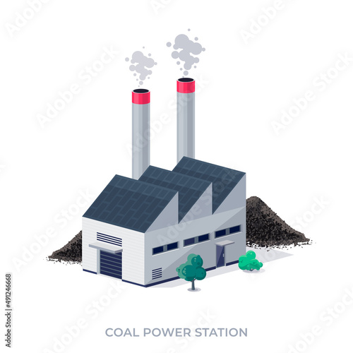 Coal-fired power plant station. Thermal factory that burns coal to generate electricity and produce emissions. Dirty fossil fuel combustion facility. Isolated vector illustration on white background.