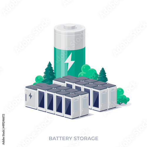 Rechargeable battery energy storage stationary for renewable power plant. Isolated vector illustration on white background. photo