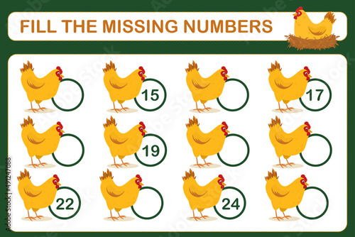 a children's math game called "fill in the missing numbers". Vector illustration. Worksheet for children