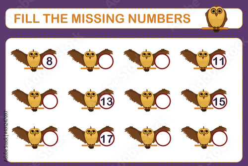 a children's math game called "fill in the missing numbers". Vector illustration. Worksheet for children