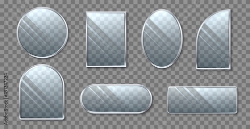 Realistic framed glass banners. Transparent different shapes surfaces with minimalist metal borders. Glossy reflection. Rectangle and round screens. Vector isolated objects mockup set