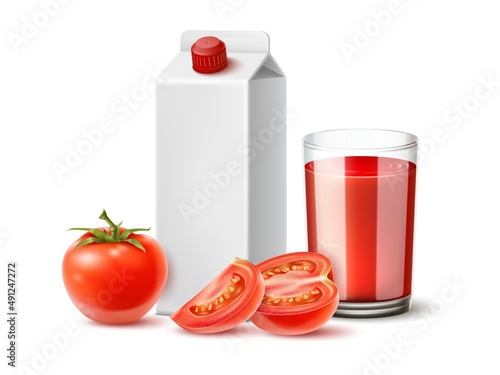 Realistic tomato juice. Natural vegetable red drink. Healthy raw product. 3D glass cup and cardboard box. Blank packaging mockup. Vegan beverage. Whole and sliced fruit. Vector concept