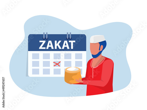 Muslim man  pay Zaket financial,from profit on ramadan kareem flat vector illustrator.