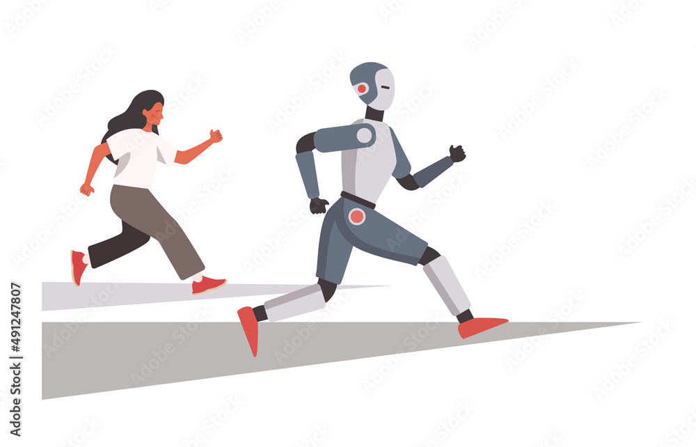 Robot replace the human in office. Idea of artificial intelligence Robot replace the human in office. Idea of artificial intelligence