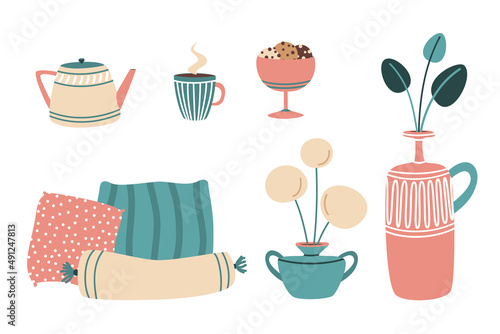 Cozy interior object set. House plants on vases, pillows, hot tea  with cookies - home decorations in flat style isolated on white background. Vector illustration, cartoon.