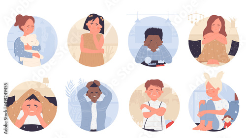 Sad kids cry in round avatar set vector illustration. Cartoon upset depressed boy and girl sitting alone with toys, child crying isolated on white. Problems of childhood, family violence concept