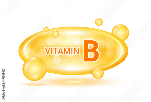 Vitamin B and minerals complex. Glossy vitamins pills capsules. Pill, Healthy food supplement. Medical scientific and healthcare concept. Isolated on white background 3D Vector EPS10.